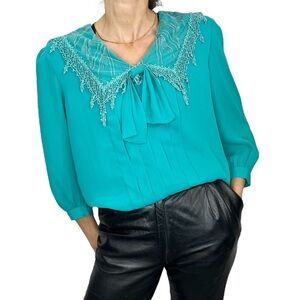 Vintage 80s Lori Ann teal turquoise chiffon lace collar tie neck blouse …